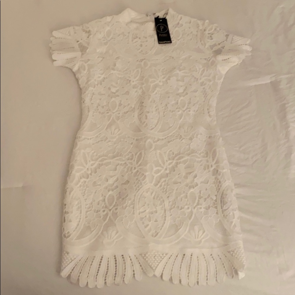 Boohoo Petite High Neck Pleat And Lace Mini Dress